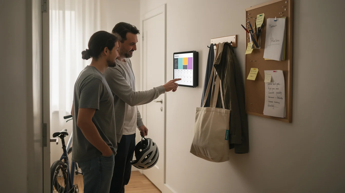 Editorial photograph in a compact apartment entrance, two adult housemates standing together at a wall-mounted, unbranded.
