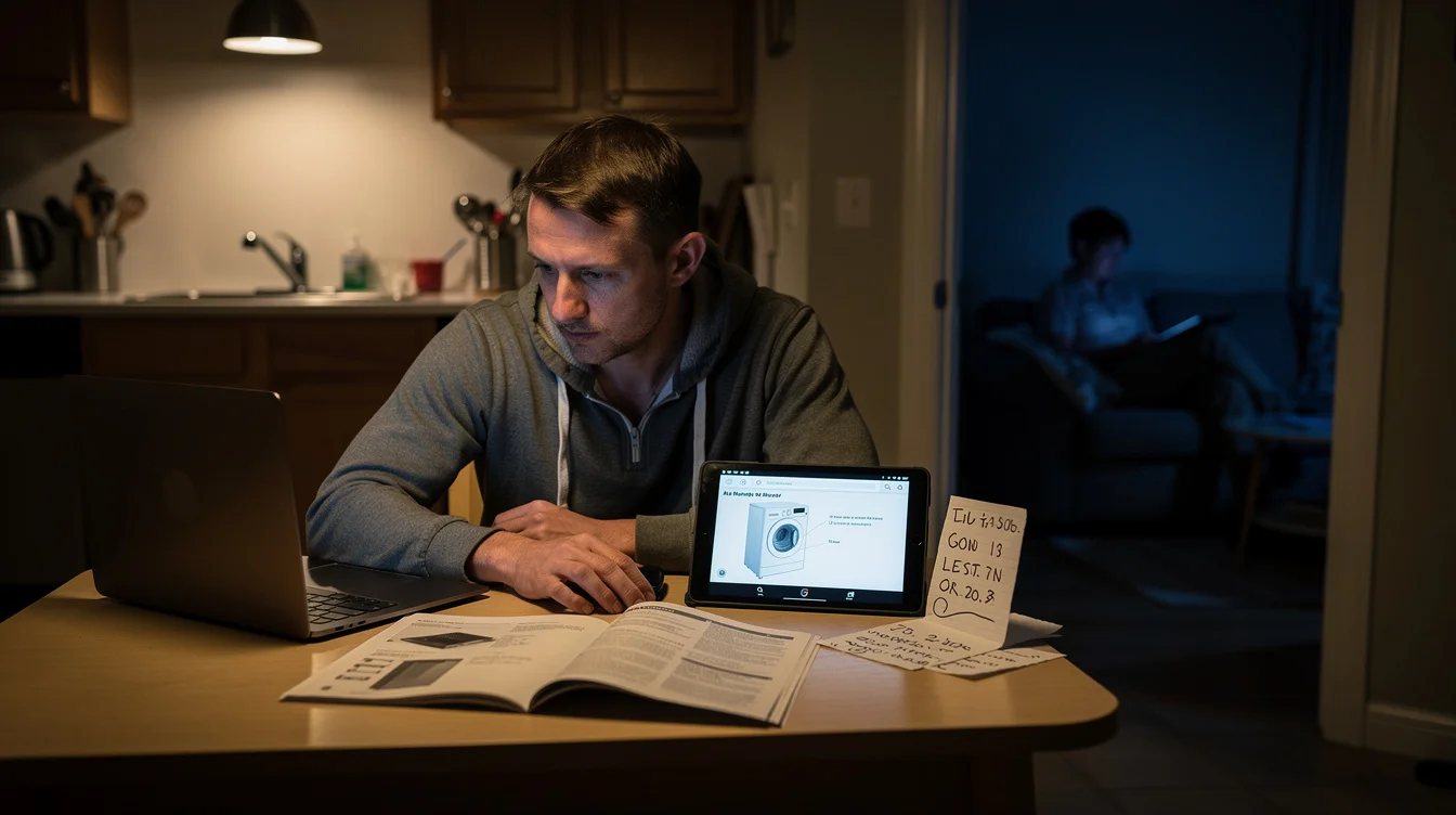 Editorial photograph of an adult seated alone at a kitchen table after dark, managing a household.