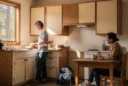Editorial photograph of a modest rented kitchen in a 1920s Topanga cottage, freshly refaced plywood cabinet.