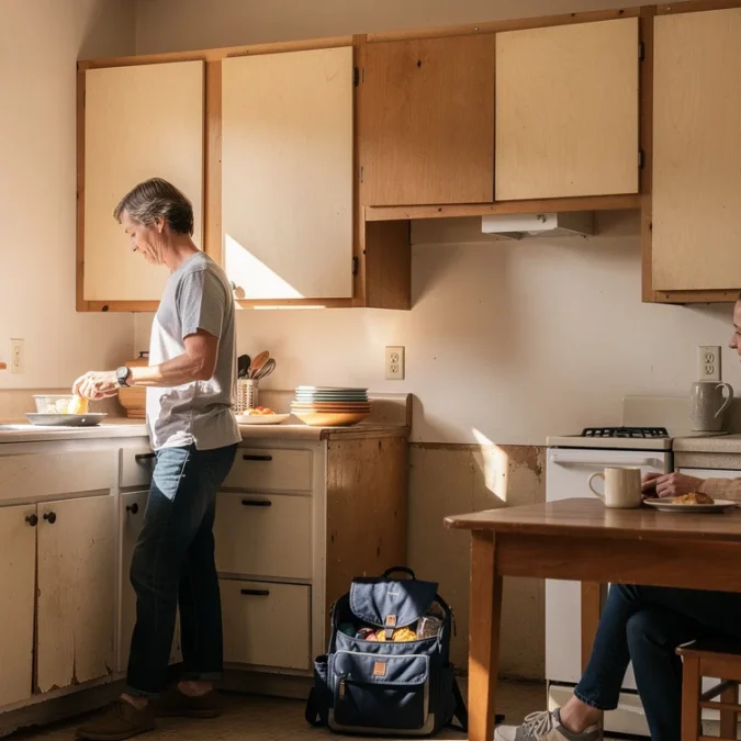 Editorial photograph of a modest rented kitchen in a 1920s Topanga cottage, freshly refaced plywood cabinet.