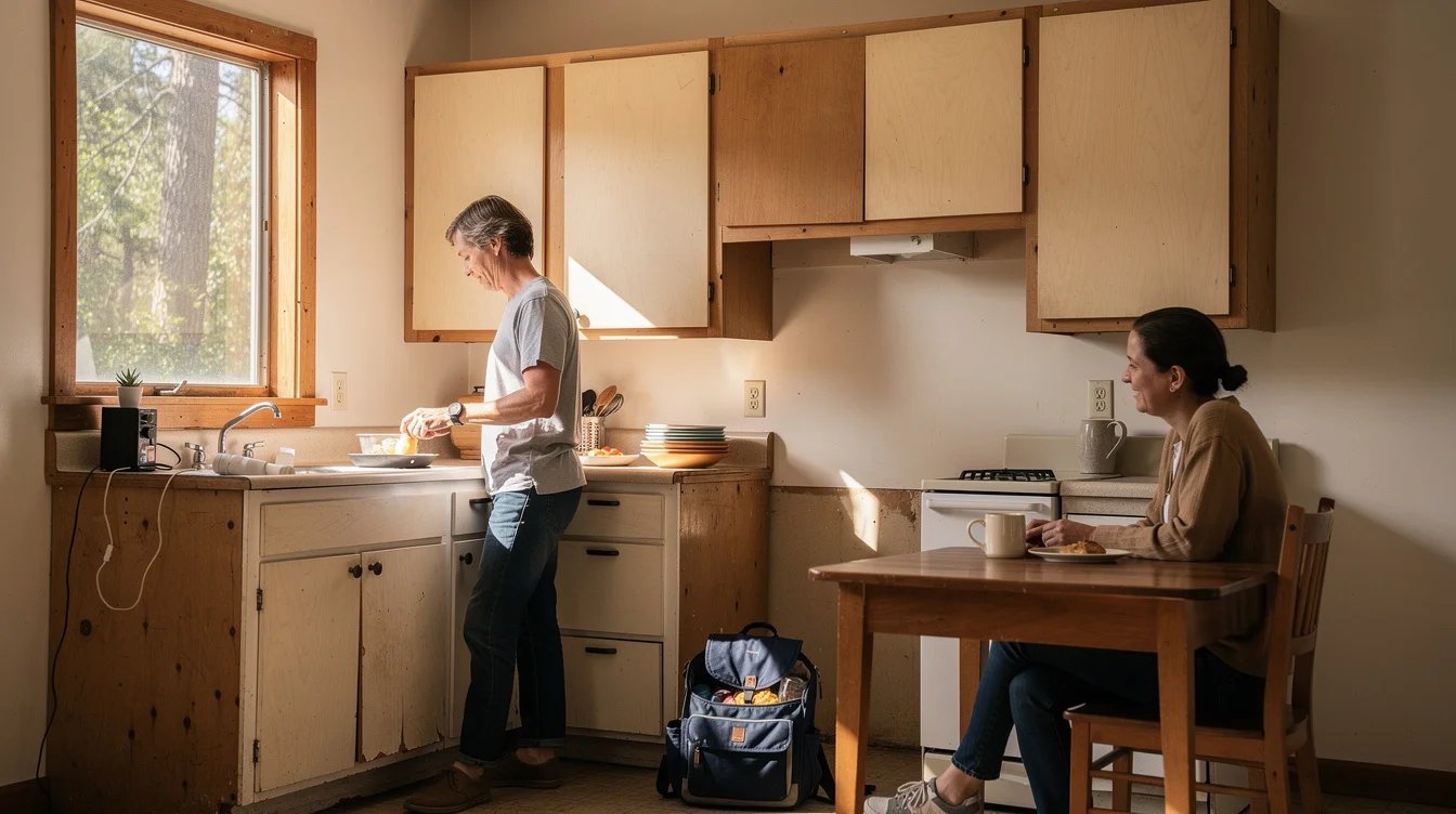 Editorial photograph of a modest rented kitchen in a 1920s Topanga cottage, freshly refaced plywood cabinet.