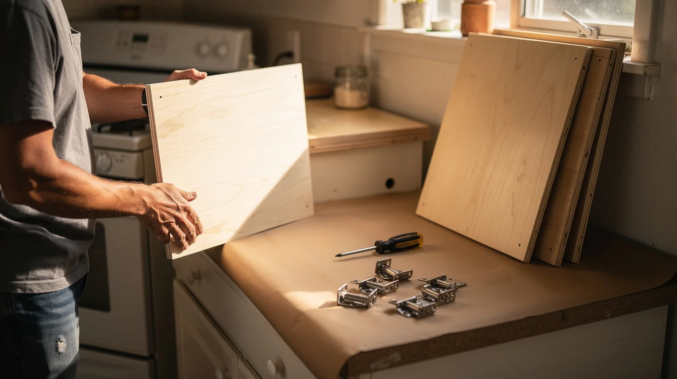 Editorial photograph inside a modest Topanga rental kitchen during a plywood cabinet refacing project. Close foreground.