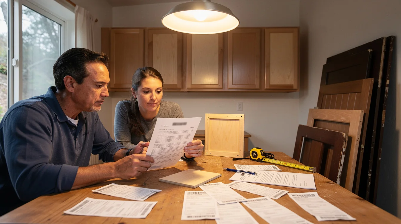 Editorial photograph at a kitchen table in a rented Topanga cottage, two adults reviewing a printed.