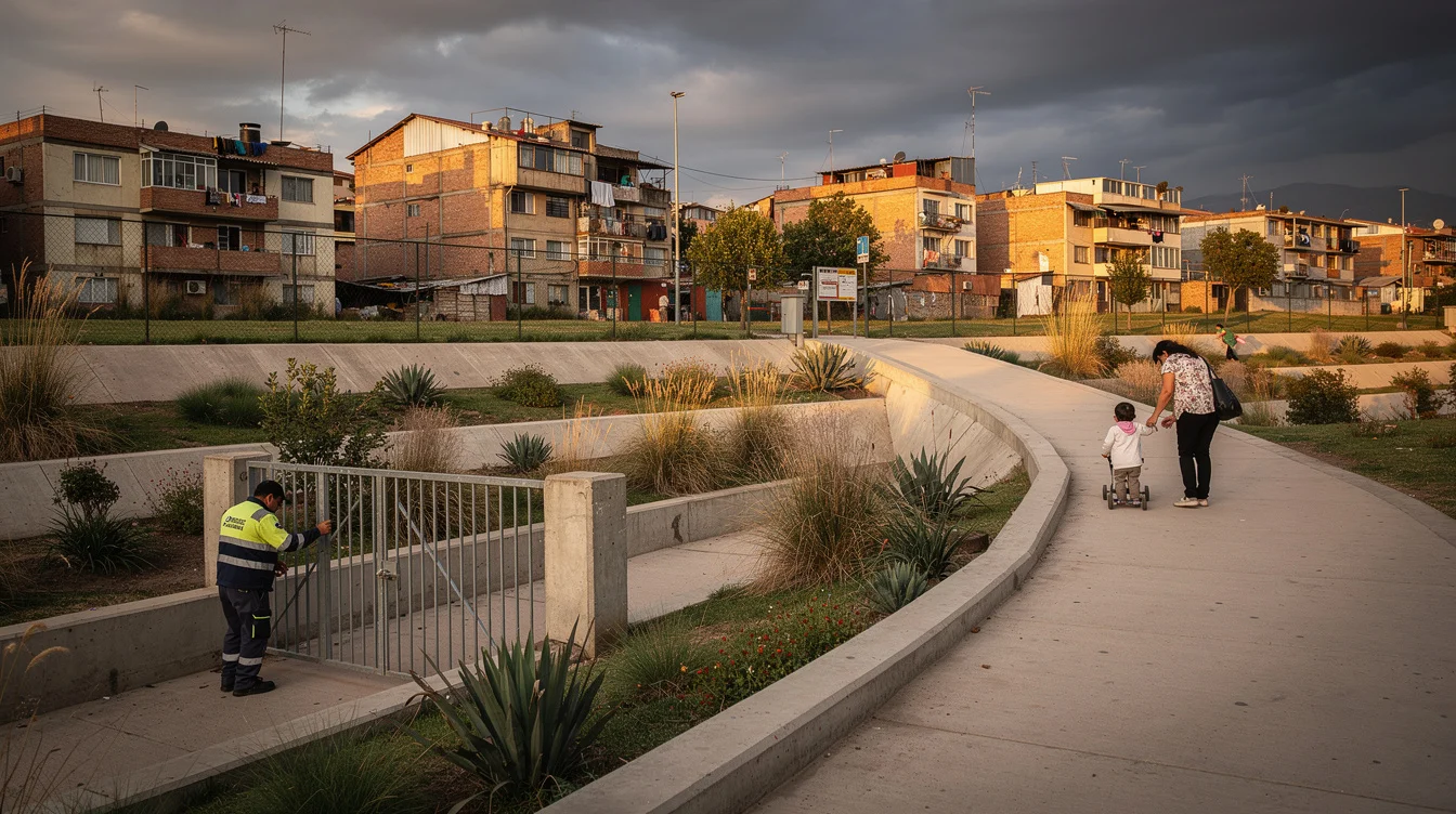 Editorial photograph in Santiago, Chile, showing a terraced urban drainage park before an approaching storm..