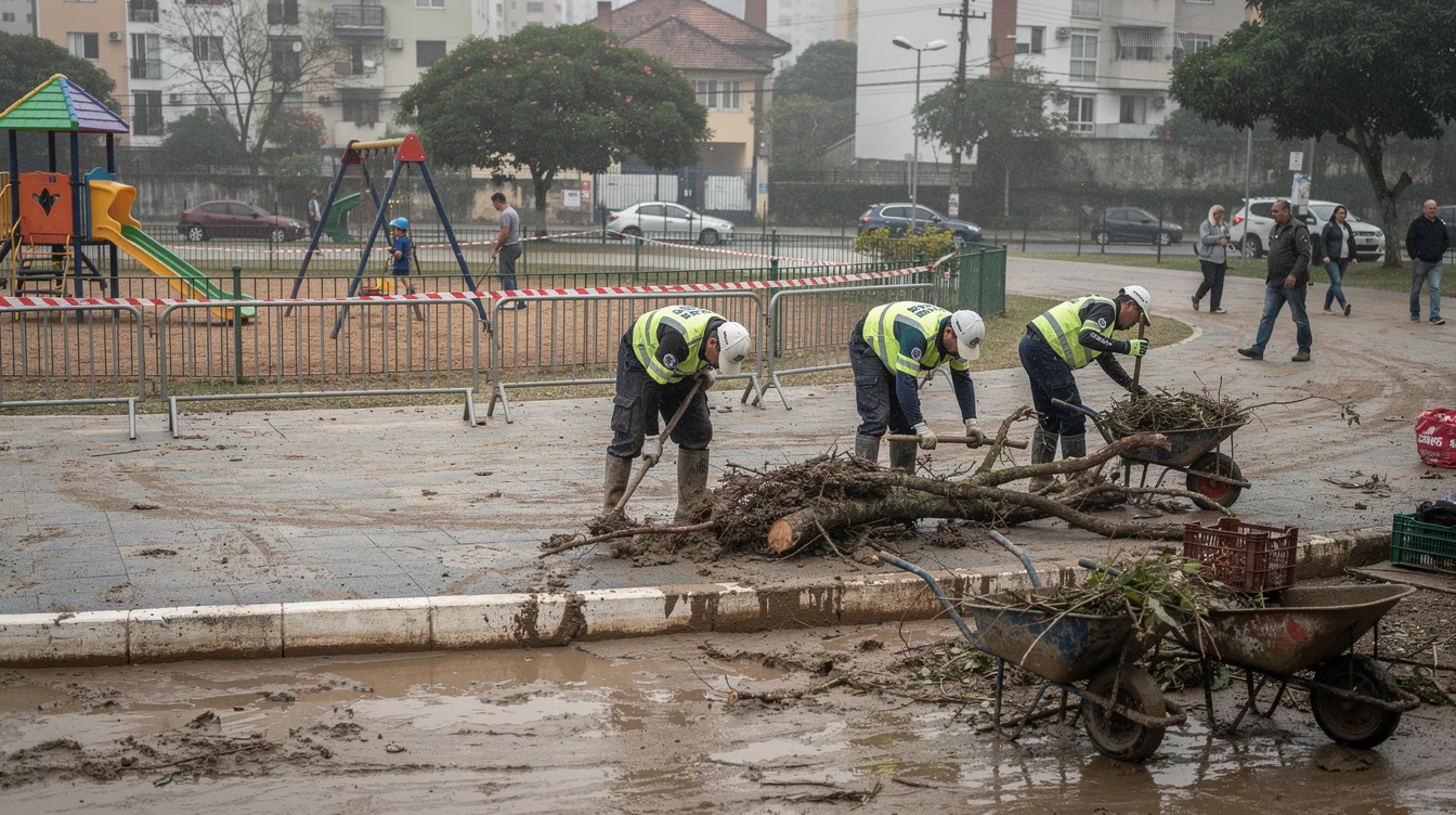 Editorial photograph of post-flood maintenance in a São Paulo riverside park, with municipal workers wearing gloves.