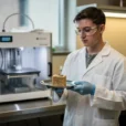 Staged editorial photograph illustrating yeast-based waste-to-food research in a university food-science laboratory in Carbondale, Illinois..