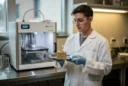 Staged editorial photograph illustrating yeast-based waste-to-food research in a university food-science laboratory in Carbondale, Illinois..
