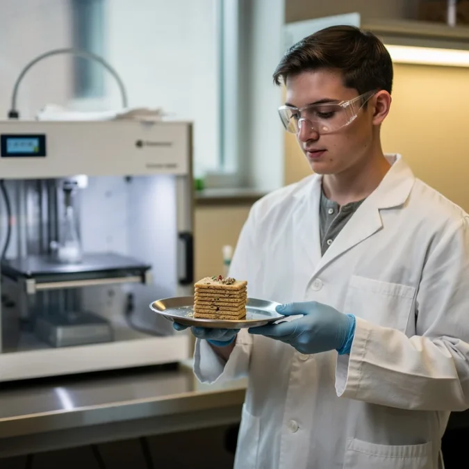 Staged editorial photograph illustrating yeast-based waste-to-food research in a university food-science laboratory in Carbondale, Illinois..
