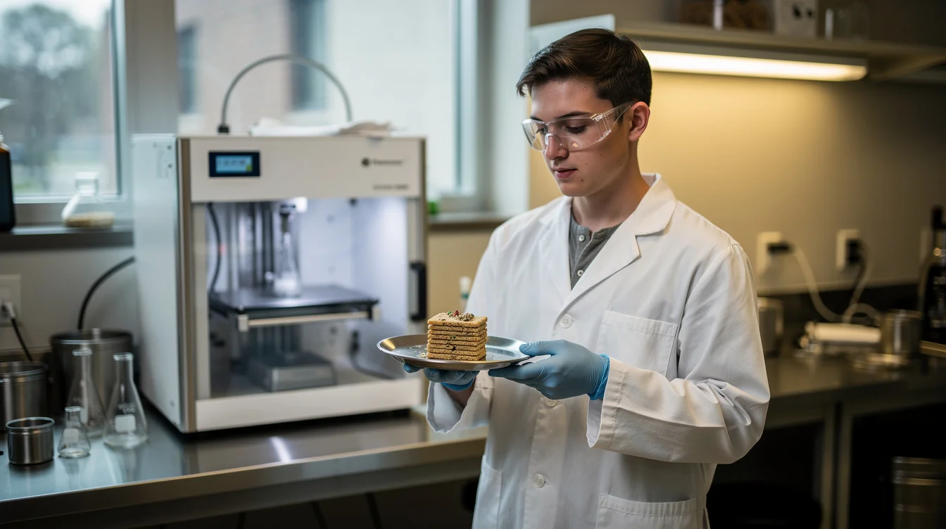 Staged editorial photograph illustrating yeast-based waste-to-food research in a university food-science laboratory in Carbondale, Illinois..