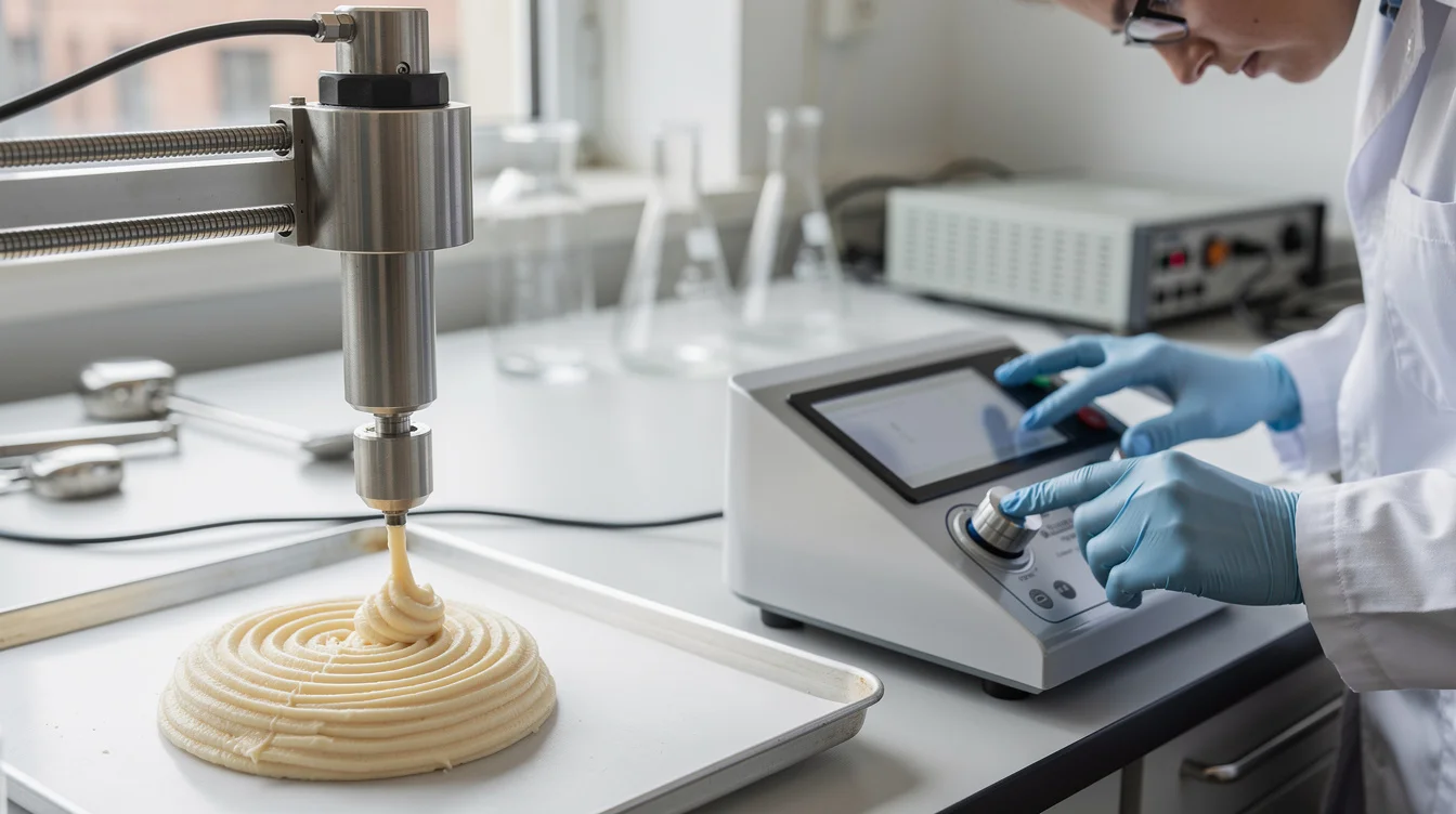 Editorial photograph of a staged food-printing demonstration in a university laboratory: close view of an extrusion.