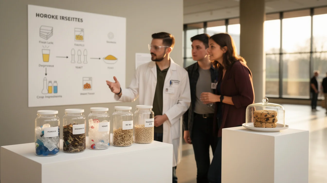 Staged editorial photograph of a public research display about transforming plastic and agricultural waste into food.