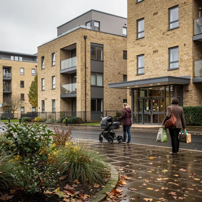 Editorial photograph of contemporary apartment housing in Coulsdon, South London, viewed from a public pavement.