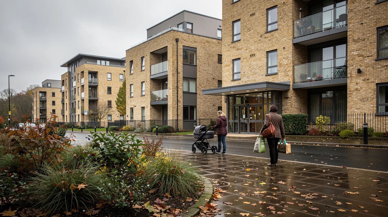 Editorial photograph of contemporary apartment housing in Coulsdon, South London, viewed from a public pavement.