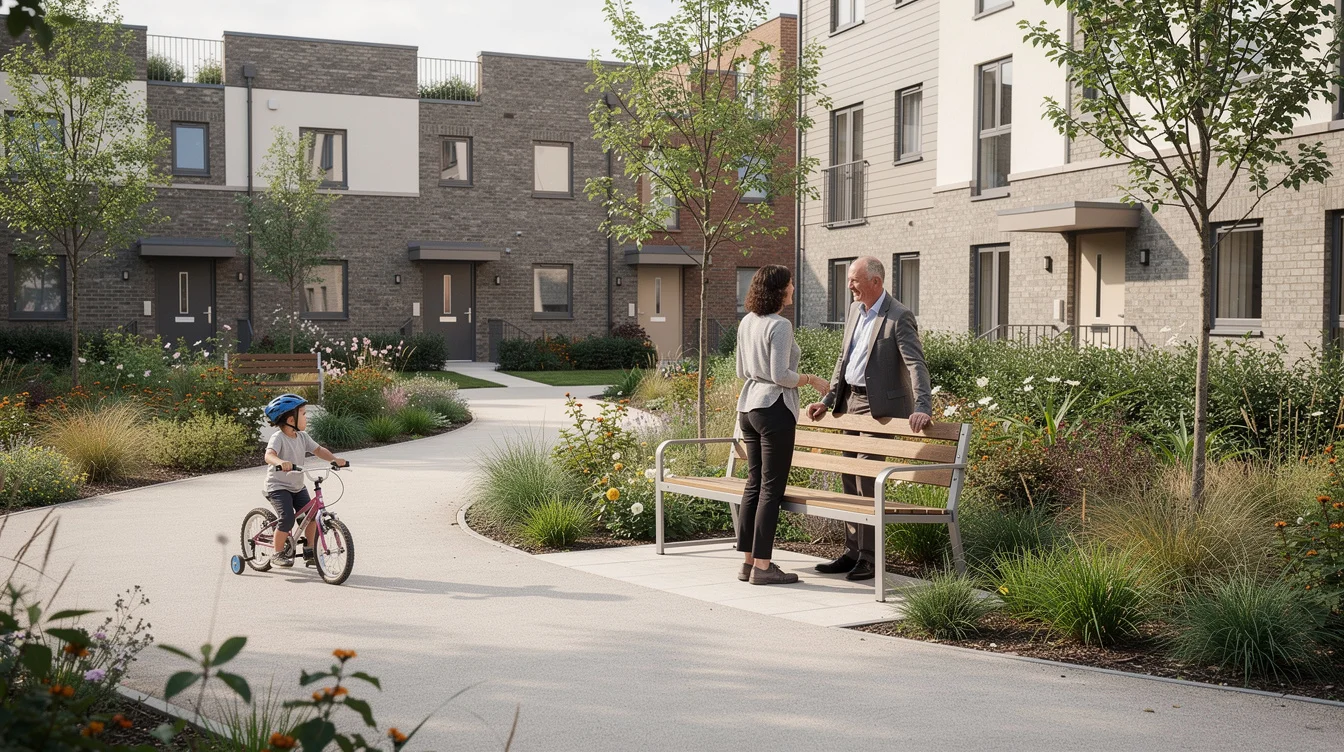 Editorial photograph in a communal garden at a contemporary housing development in South London. Two neighbours.