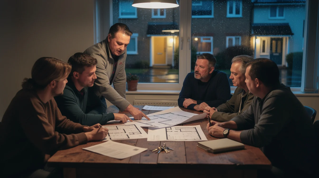 Editorial photograph inside a modest residential meeting room in Coulsdon, South London, at dusk. Residents.