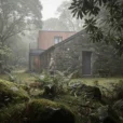 Editorial photograph of a modest stone guesthouse beside temperate rainforest in Glengarriff, Ireland, with a contemporary.