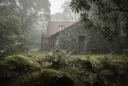 Editorial photograph of a modest stone guesthouse beside temperate rainforest in Glengarriff, Ireland, with a contemporary.