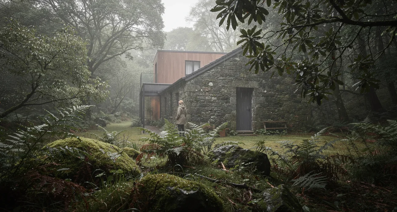 Editorial photograph of a modest stone guesthouse beside temperate rainforest in Glengarriff, Ireland, with a contemporary.