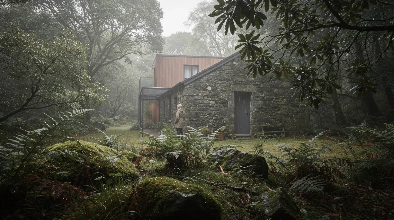 Editorial photograph of a modest stone guesthouse beside temperate rainforest in Glengarriff, Ireland, with a contemporary.