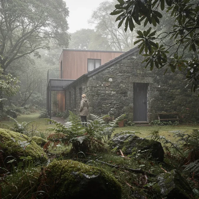 Editorial photograph of a modest stone guesthouse beside temperate rainforest in Glengarriff, Ireland, with a contemporary.