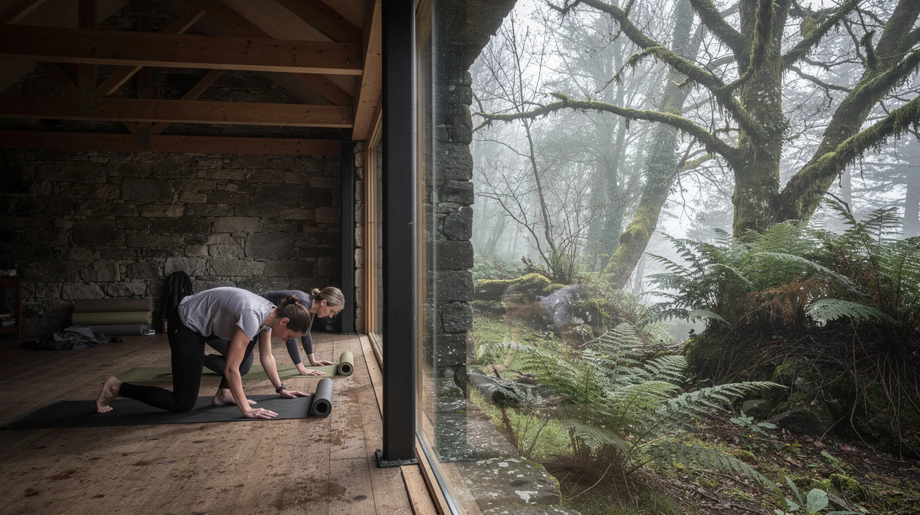 Editorial photograph inside a modest timber- and steel-framed yoga room adjoining an old stone guesthouse.