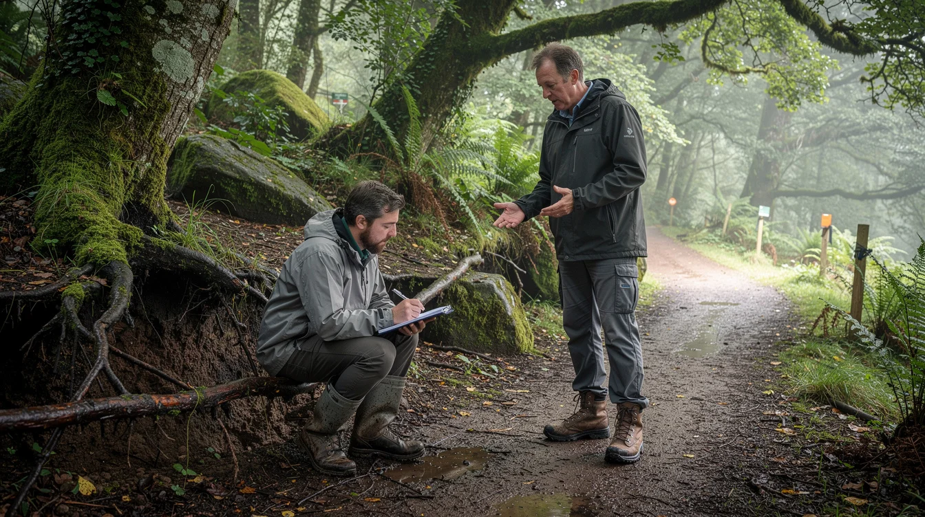 Editorial photograph of a woodland ecologist and a guesthouse manager inspecting a worn path in temperate.