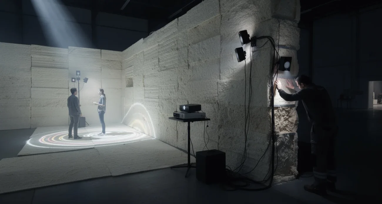 Editorial photograph of an experimental mycelium-module pavilion in a dark exhibition hall, two visitors crossing faint.