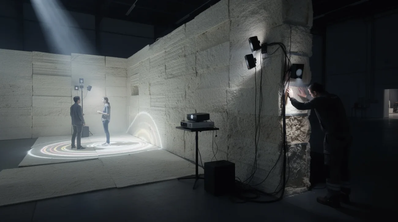 Editorial photograph of an experimental mycelium-module pavilion in a dark exhibition hall, two visitors crossing faint.