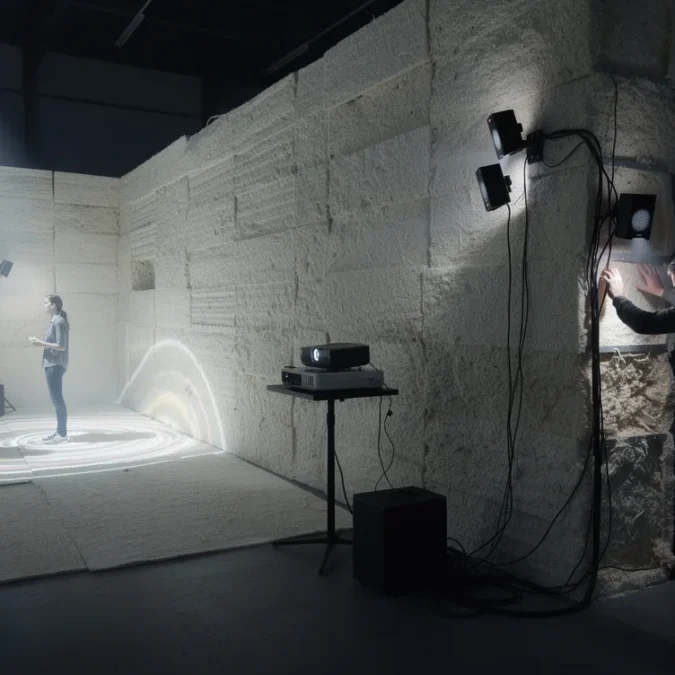 Editorial photograph of an experimental mycelium-module pavilion in a dark exhibition hall, two visitors crossing faint.