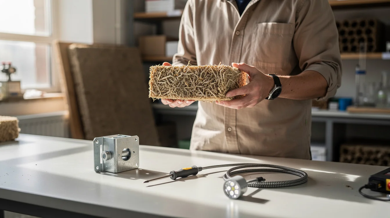 Editorial photograph inside a materials workshop, a designer holding a dry mycelium composite module beside.