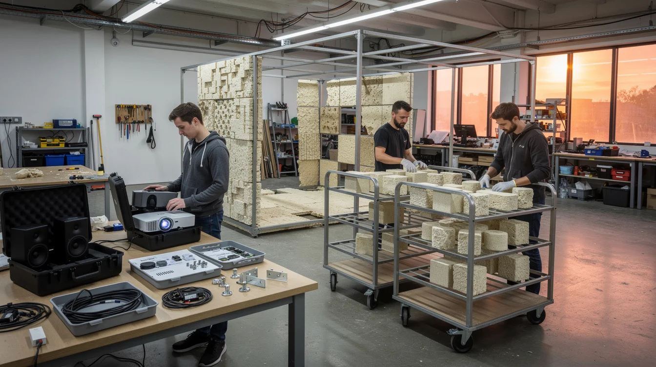 Wide editorial photograph of a staged disassembly rehearsal in an architecture fabrication studio after an exhibition..