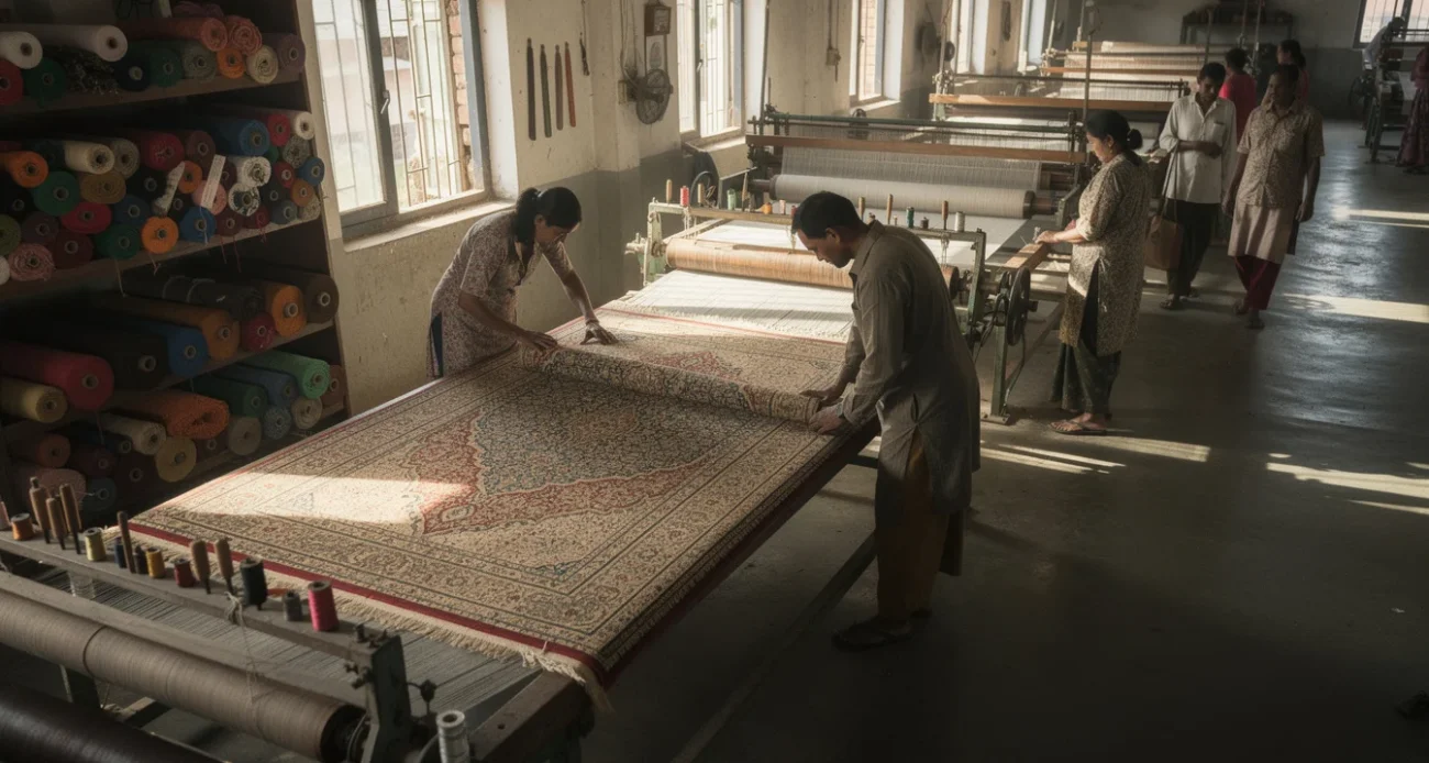 Editorial photograph inside a rug-making workshop in Rangpur, Bangladesh, showing workers examining a large woven rug.