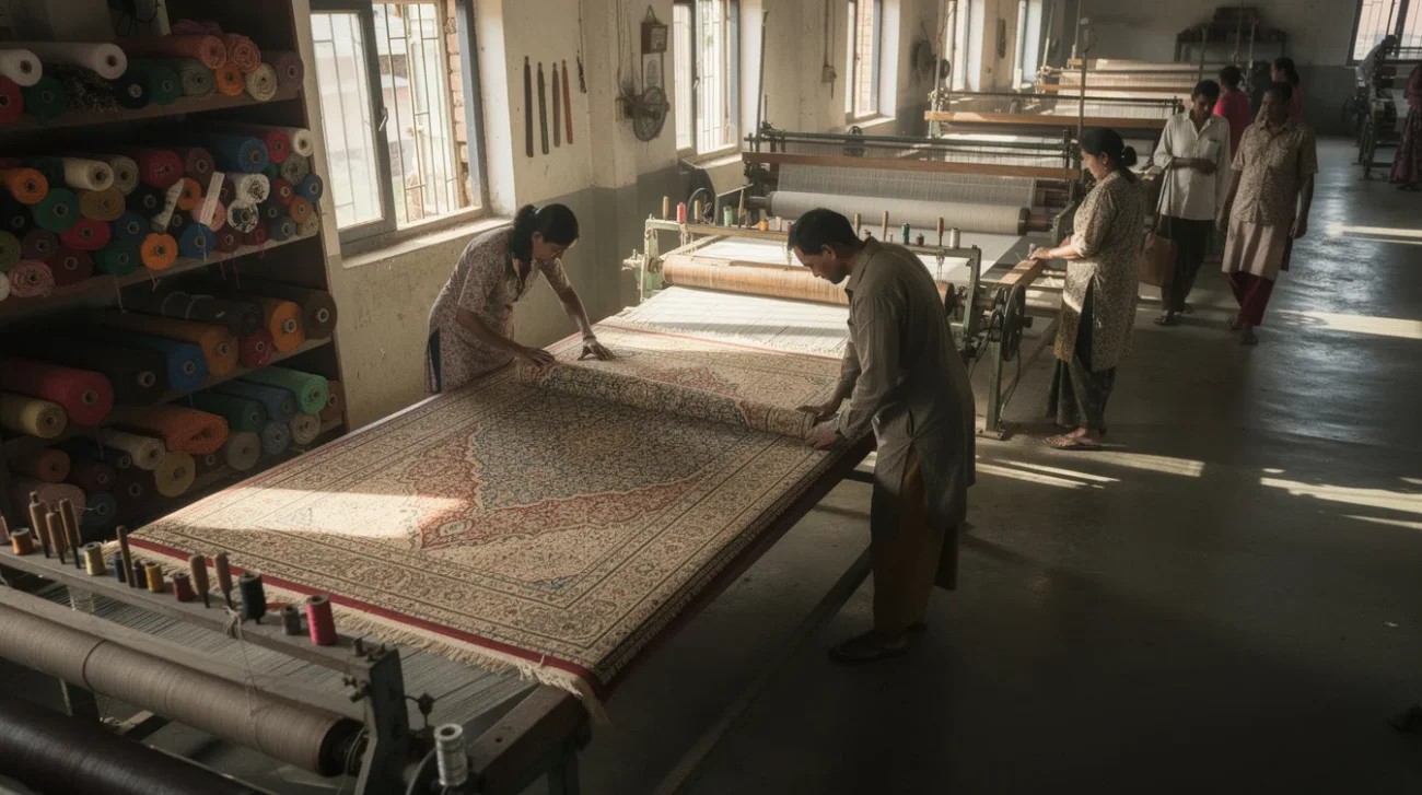 Editorial photograph inside a rug-making workshop in Rangpur, Bangladesh, showing workers examining a large woven rug.