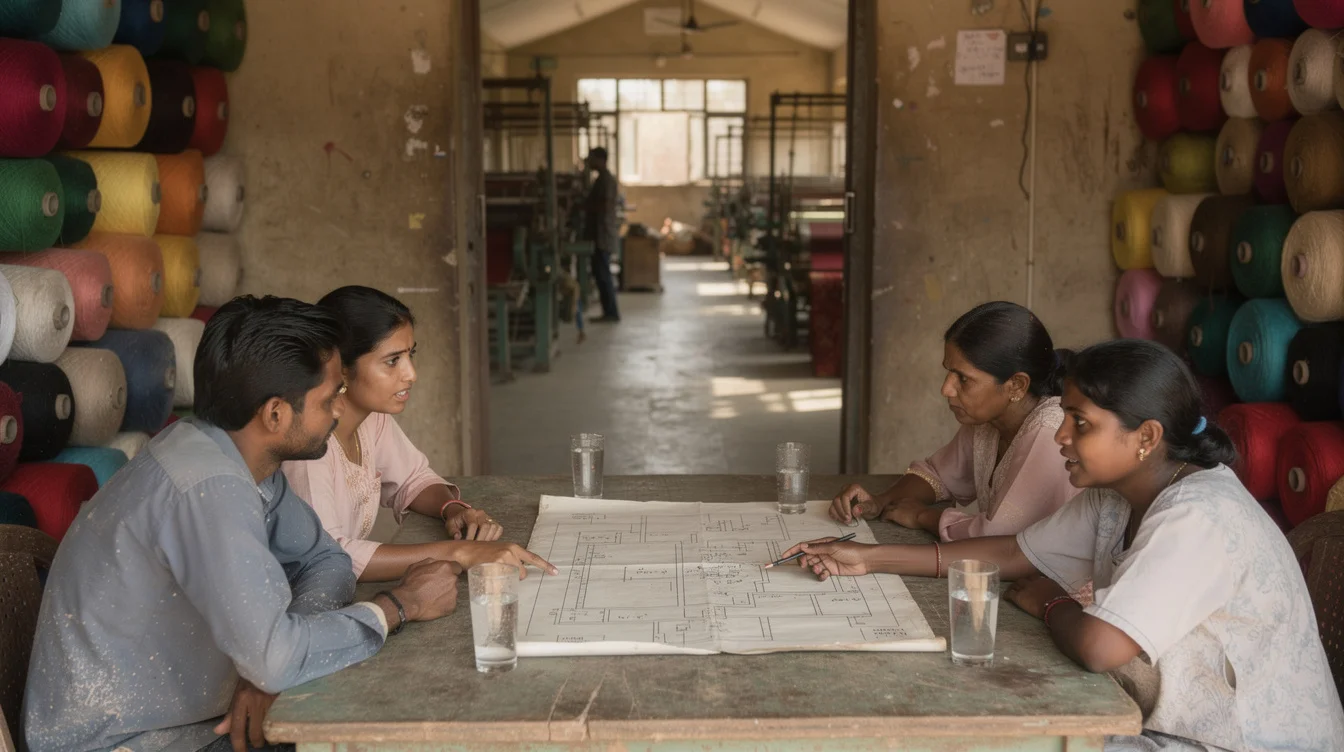 Documentary editorial photograph of a shaded break area beside a rug workshop in Rangpur, Bangladesh. Several.