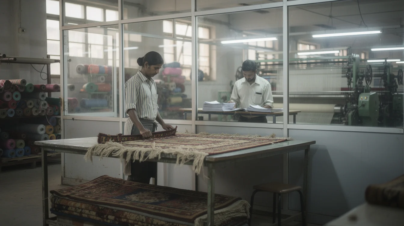 Editorial photograph across a rug factory interior in Rangpur, Bangladesh, with a worker inspecting woven edges.