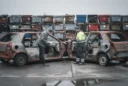 Editorial photograph of a staged architectural reuse study in a Swiss vehicle salvage yard: three depolluted.