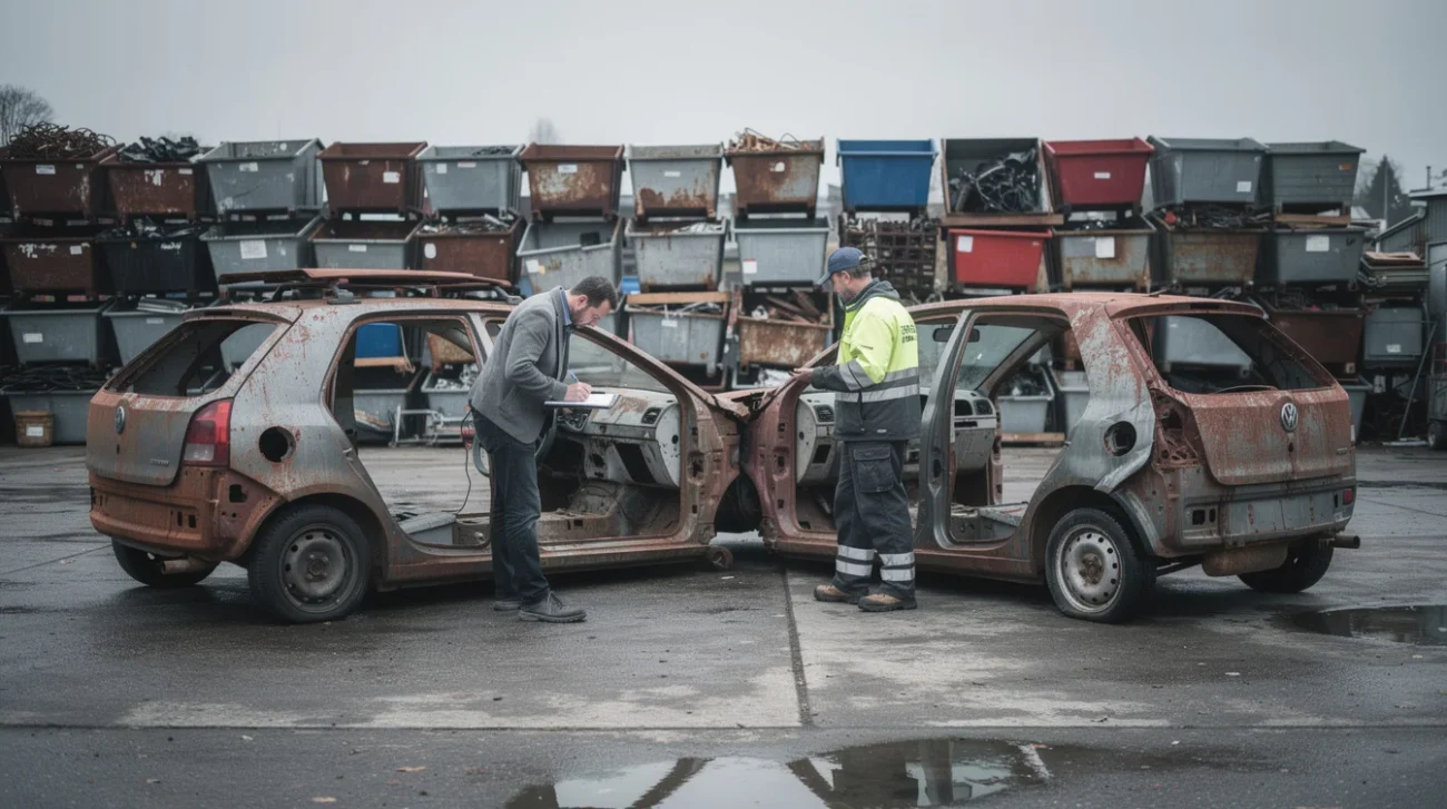 Editorial photograph of a staged architectural reuse study in a Swiss vehicle salvage yard: three depolluted.