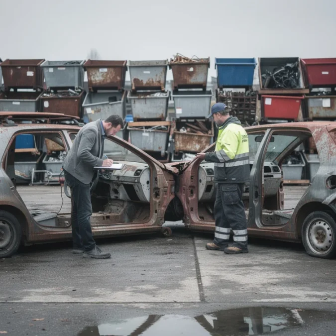 Editorial photograph of a staged architectural reuse study in a Swiss vehicle salvage yard: three depolluted.