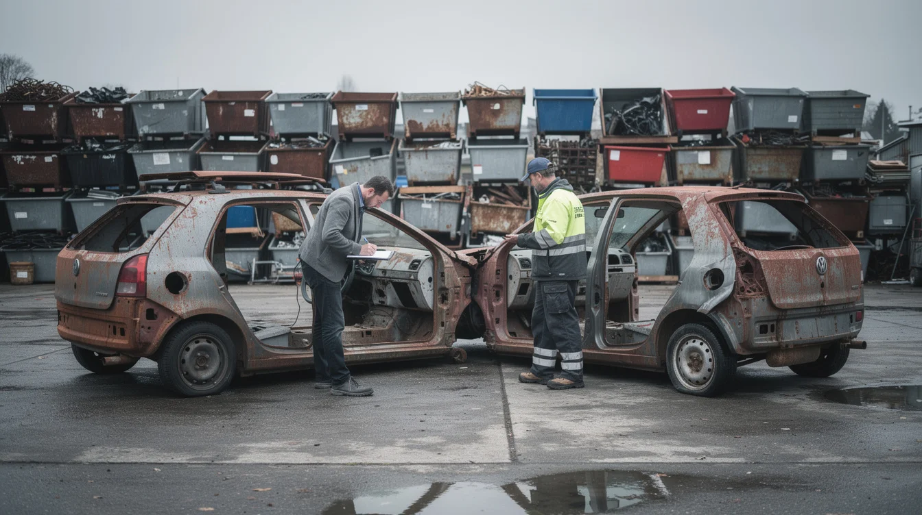 Editorial photograph of a staged architectural reuse study in a Swiss vehicle salvage yard: three depolluted.