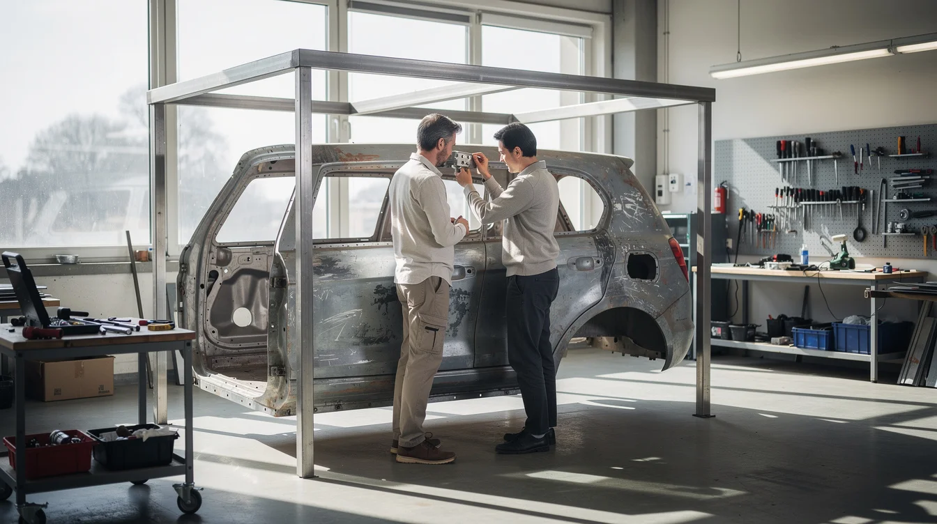 Editorial photograph inside a Swiss fabrication workshop, showing a full-scale experimental seating alcove made from.