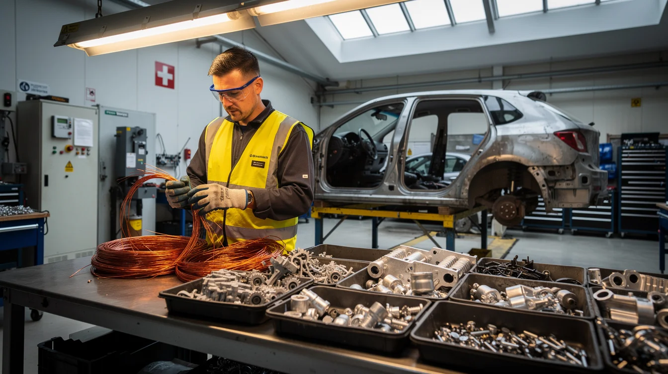 Editorial photograph in a Swiss automotive dismantling facility, a technician wearing gloves and eye protection sorting.