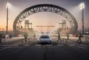 Editorial photographic concept staged at a closed vehicle-testing venue in Texas, inspired by Tesla’s thruster-equipped two-seat.