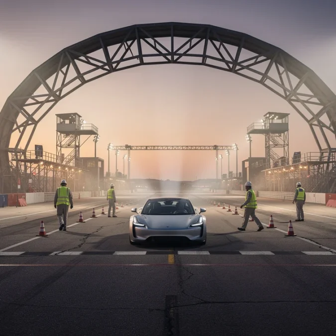 Editorial photographic concept staged at a closed vehicle-testing venue in Texas, inspired by Tesla’s thruster-equipped two-seat.