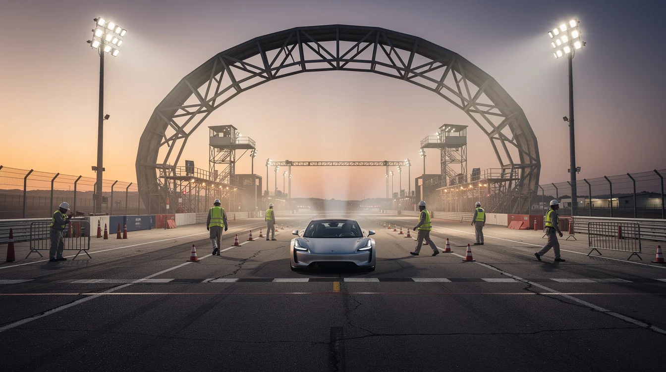 Editorial photographic concept staged at a closed vehicle-testing venue in Texas, inspired by Tesla’s thruster-equipped two-seat.