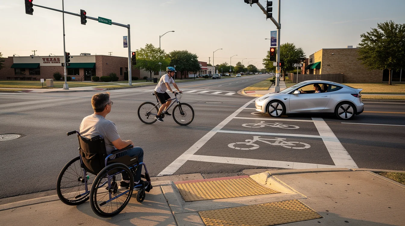 Documentary-style editorial photograph of an ordinary Texas street crossing in late-afternoon light: a wheelchair user waits.