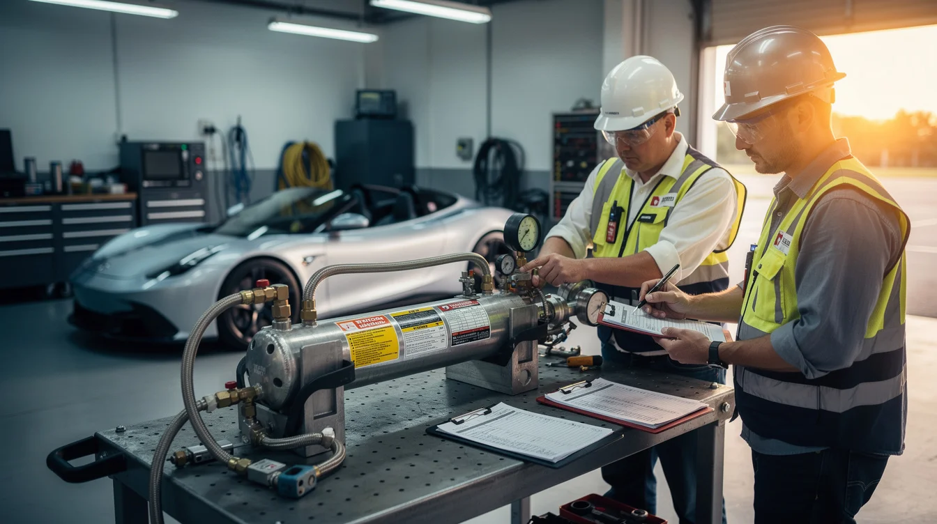 Editorial photograph staged inside a Texas automotive testing workshop, illustrating safeguards for a compressed-air-thruster Roadster concept..