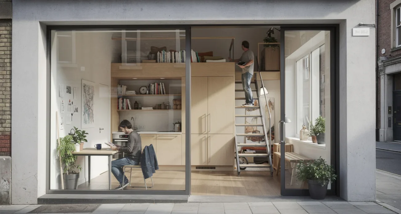 Editorial photograph of a plausible apartment converted from commercial premises, viewed diagonally from its former shopfront..