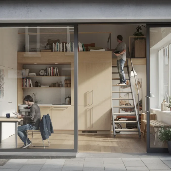 Editorial photograph of a plausible apartment converted from commercial premises, viewed diagonally from its former shopfront..