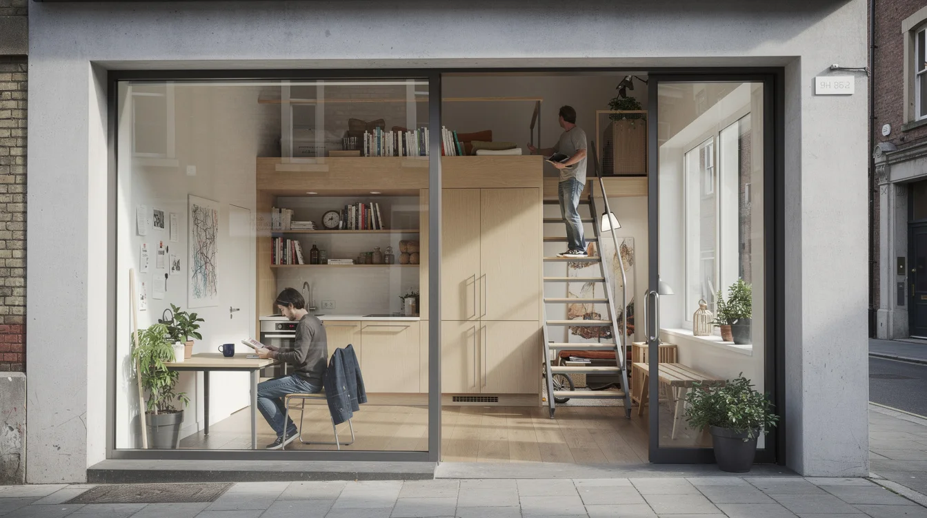 Editorial photograph of a plausible apartment converted from commercial premises, viewed diagonally from its former shopfront..