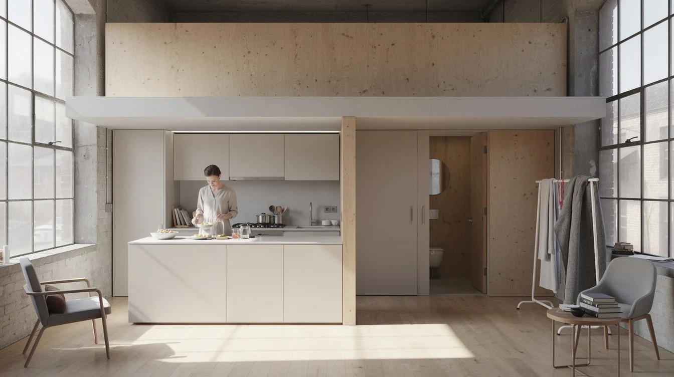 Editorial interior photograph exploring a central service spine within a converted commercial unit. A resident prepares.